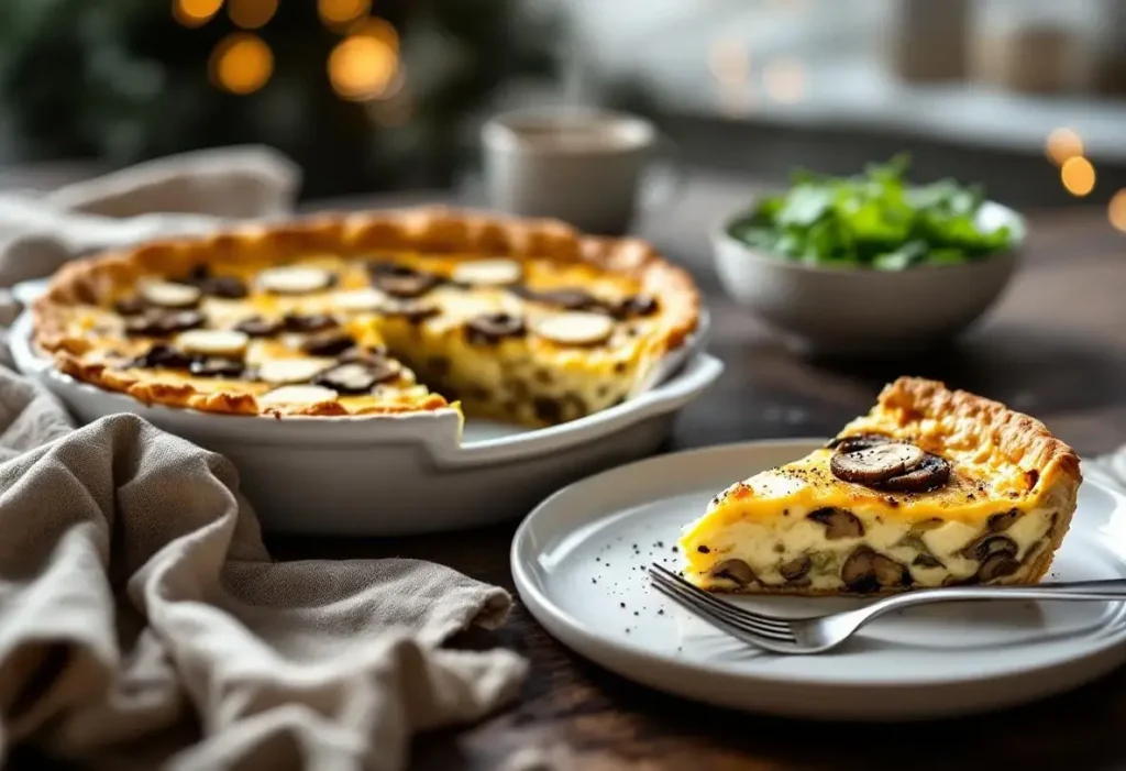 C'est la quiche sans pâte que je prépare en boucle quand il fait froid : poireaux, champignons, chèvre, effet bluffant assuré