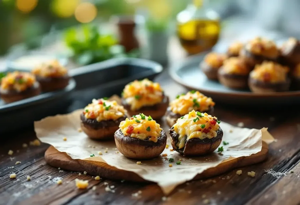 Champignons farcis au four, à l’ail et aux fines herbes : l’apéro chaud, fondant et croustillant