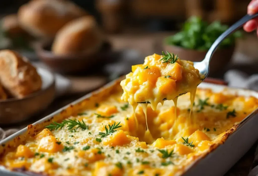 Gratin butternut au fromage frais au four : douceur fondante, herbes fraîches et crème pour réchauffer les soirs d’hiver