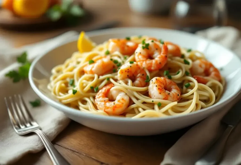 Linguine aux poireaux, sauce crème onctueuse et crevettes gourmandes