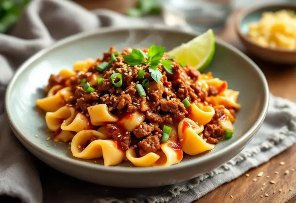 Macaronis au bœuf fondant nappés de gochujang