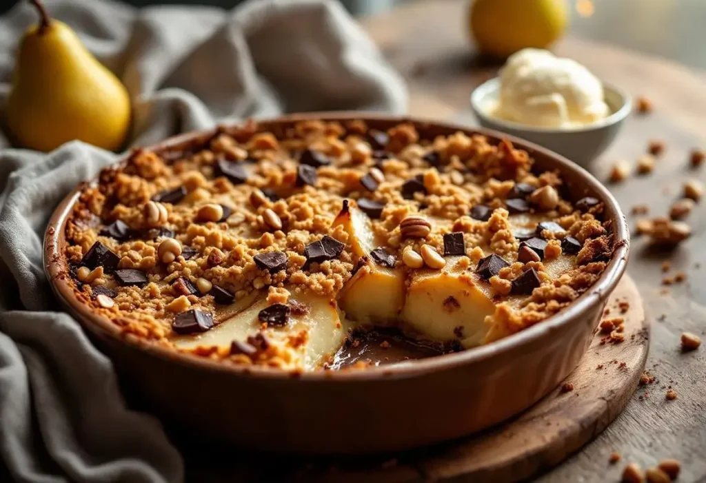 Quand poire, chocolat et noisette s’invitent au four : un crumble chaud qui fait fondre les gourmands