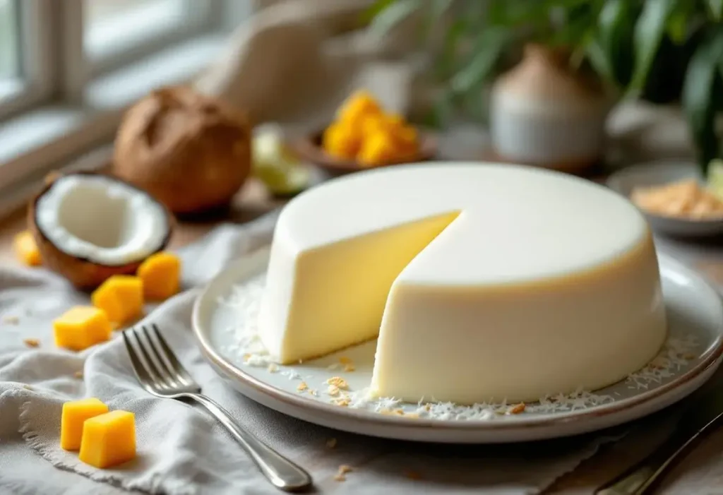 Dans un simple moule au frais, seulement 2 ingrédients se transforment en gâteau coco fondant sans œufs, lactose ni farine !