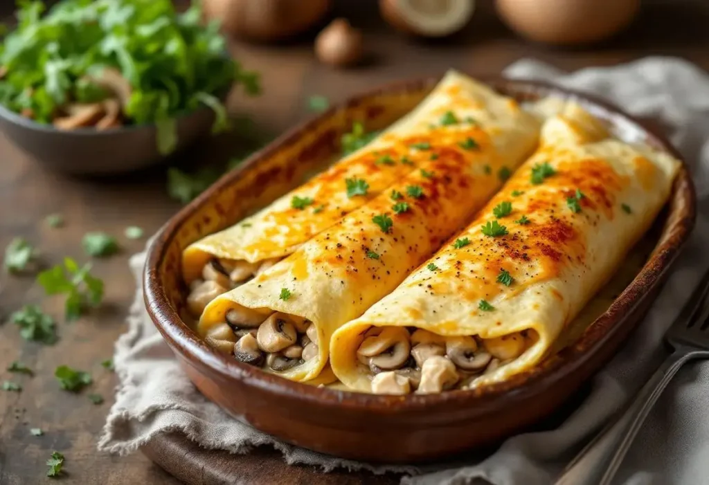 Fondantes, gratinées, très gourmandes : les crêpes champignons–poulet nappées de béchamel, parfaites avec une salade